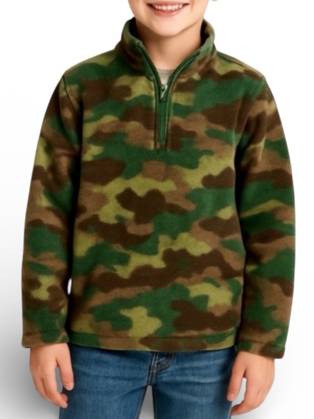 LANDS END Kids Camo Fleece Green Brown Quarter Zip Pullover Jacket Boys M 10 12